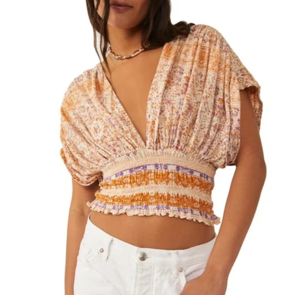 Free People Smocked Elastic V-Neck Blouse In Ivory Combo Size medium NEW - Picture 3 of 4